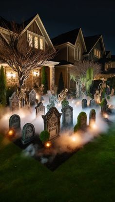 Misty front yard filled with tombstones and ghost decorations