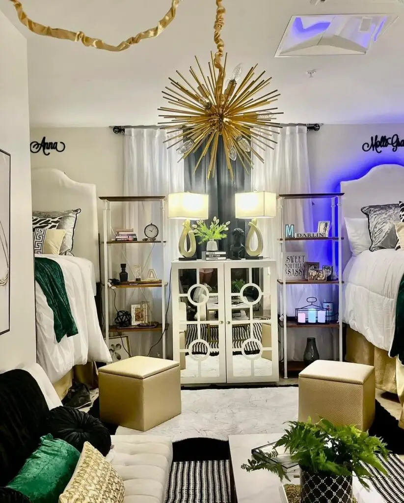 Twin beds, golden sunburst light fixture, white built-in shelves