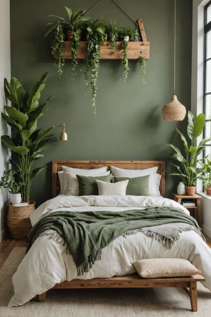 Green bedroom with hanging plants wooden bed and natural decor