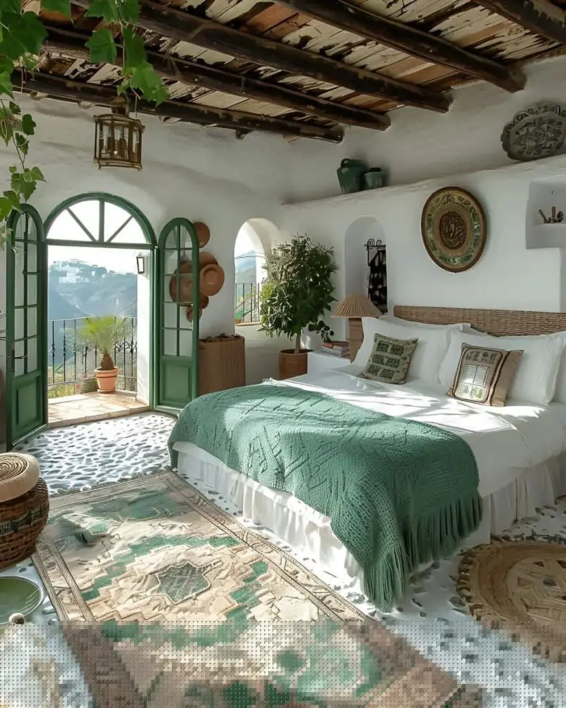 Rustic bedroom with green accents Mediterranean decor and hillside view