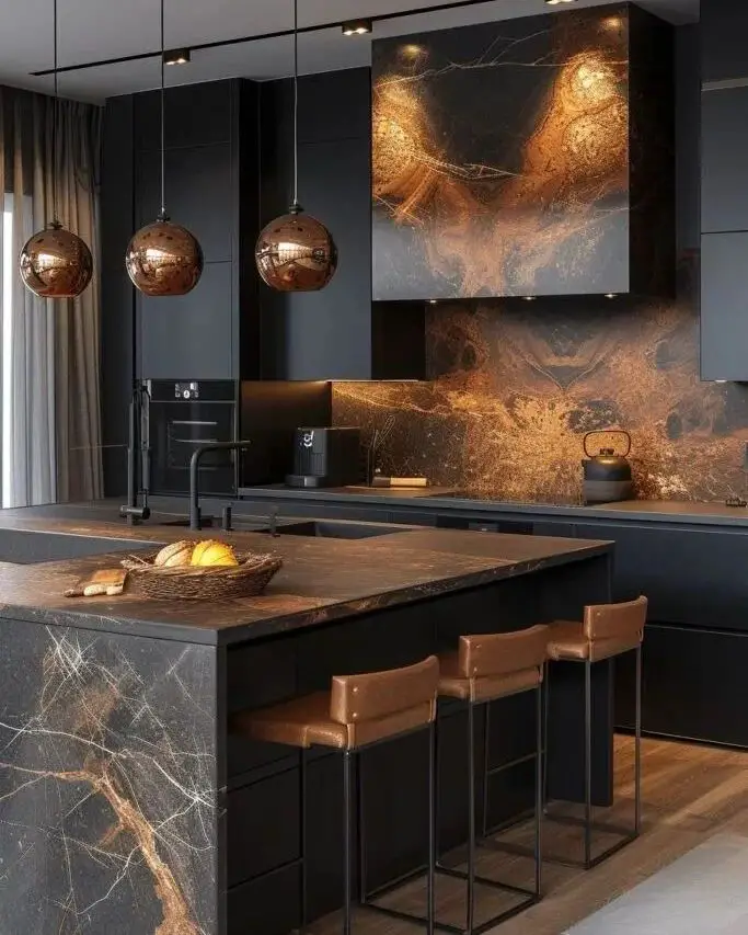 Luxurious black kitchen with copper accents and marble features