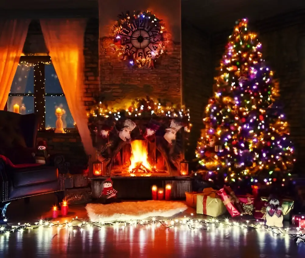 Cozy Christmas room with lit fireplace colorful tree and twinkling lights