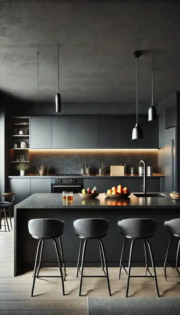 Dark modern kitchen with black cabinets and island seating