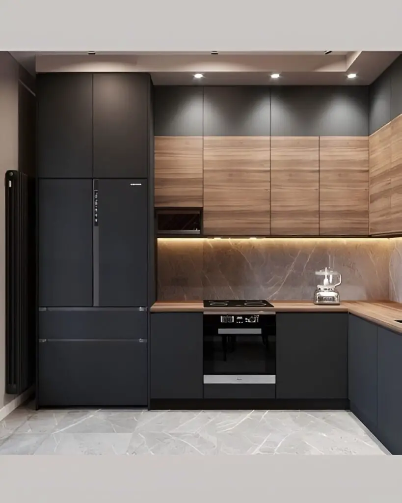 Modern kitchen with dark cabinets and wood accents