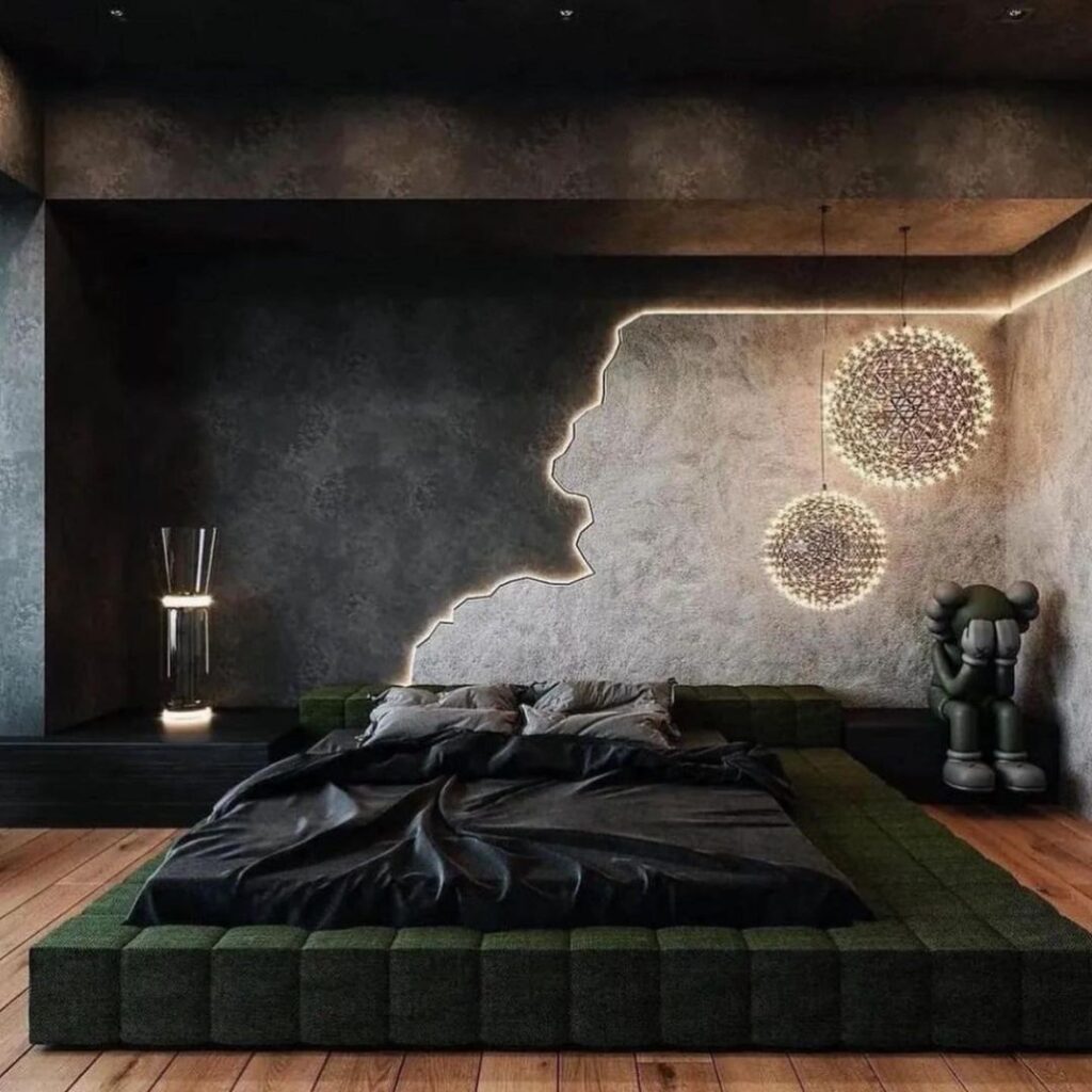 Dark bedroom with green bed and glowing wall art