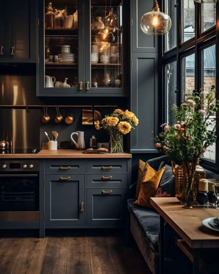 Charcoal kitchen with brass accents and vintage touches