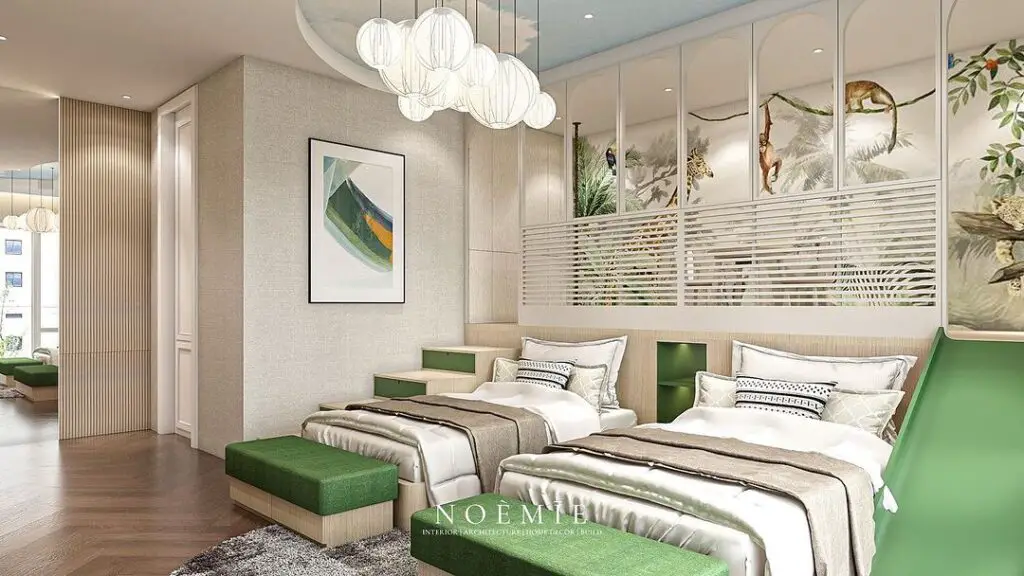 Luxurious twin bedroom with jungle-inspired decor
