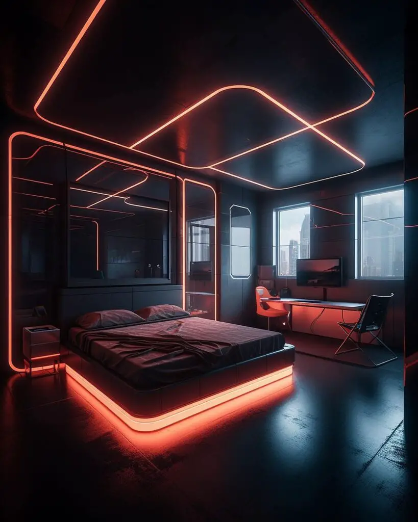 Futuristic bedroom with orange neon lights and city view