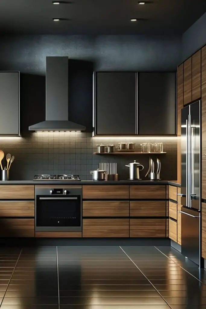 Dark modern kitchen with wood and black cabinets