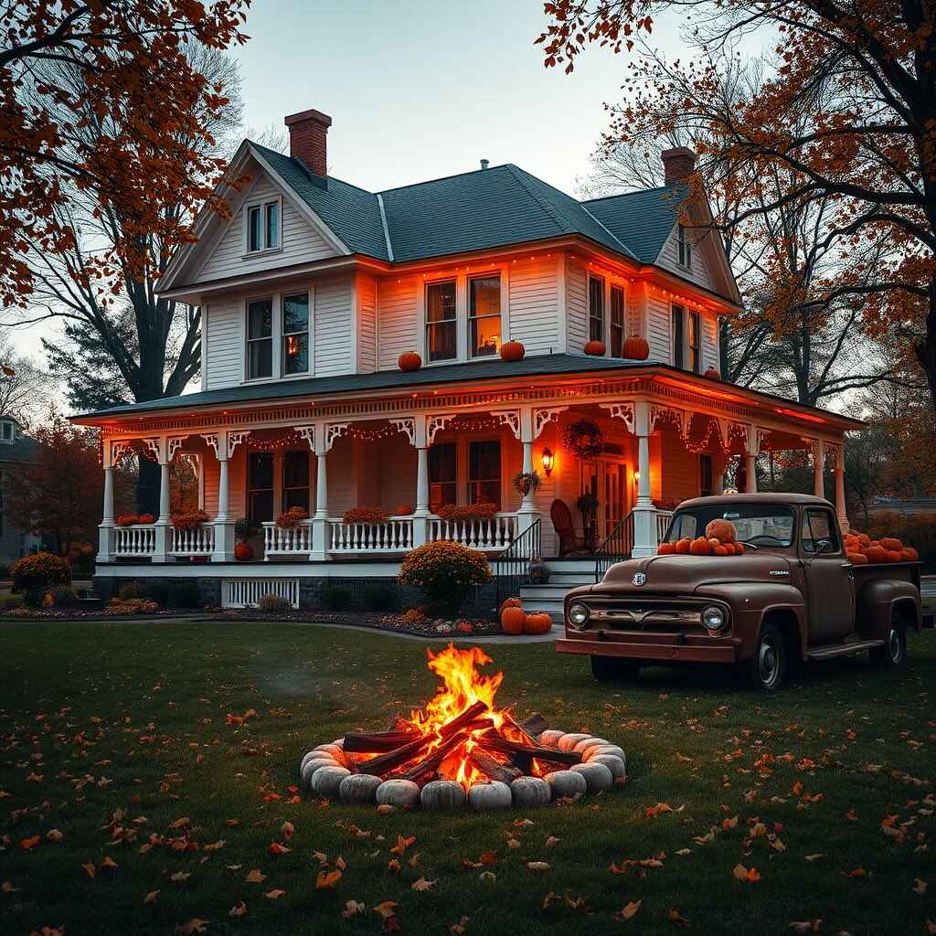 Victorian farmhouse with porch lights vintage truck and bonfire