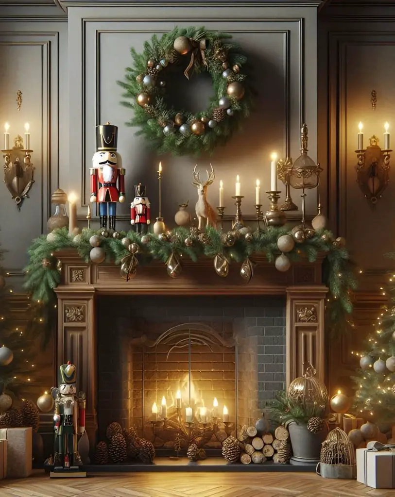 Elegant Christmas fireplace with nutcrackers, wreath, and glowing candles.