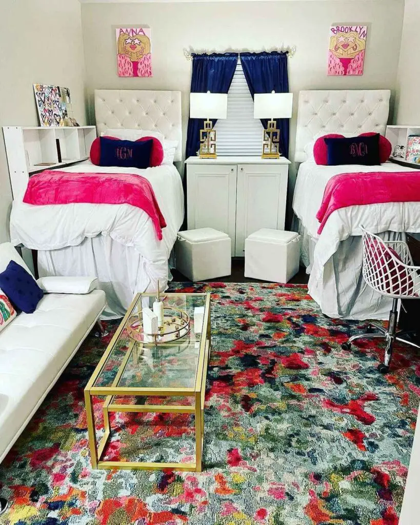 Dorm room with twin beds bright rug and cartoon wall art