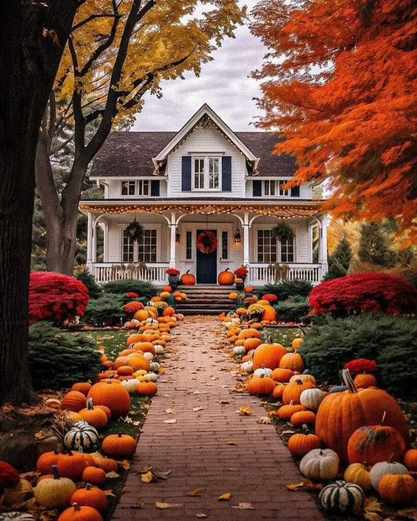 White farmhouse with pumpkin-lined path and fall foliage