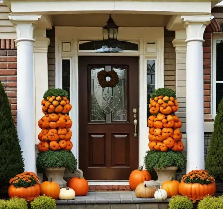 Front door flanked by tall stacks of pumpkins