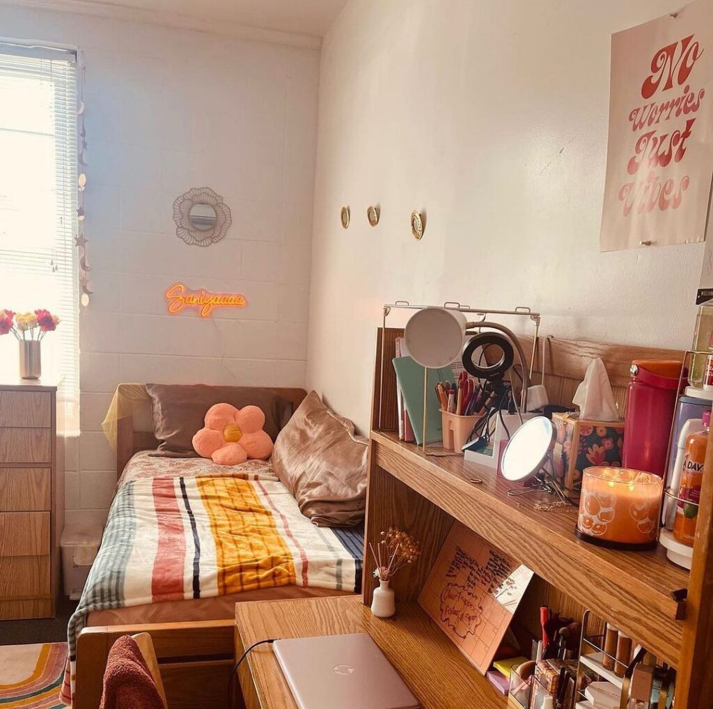 Dorm room with wooden furniture retro decor and neon sign