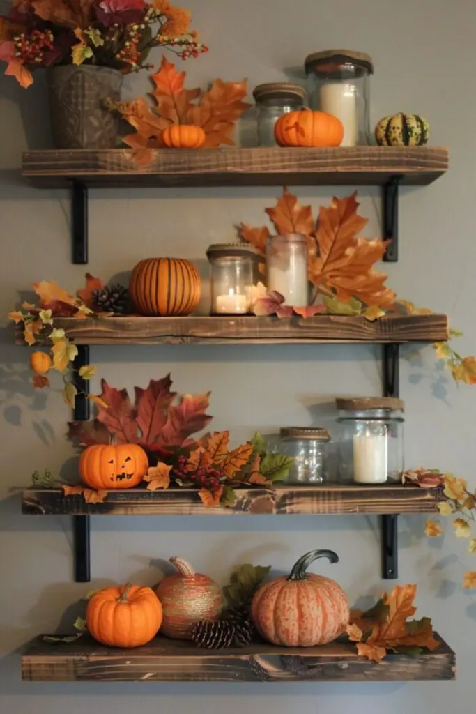 Wooden shelves decorated with pumpkins leaves and fall decor