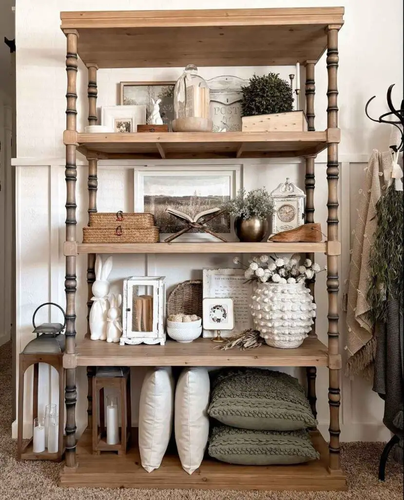 Wooden bookshelf decorated with rustic and farmhouse style accessories