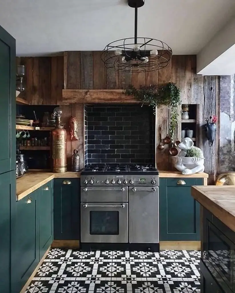 Rustic kitchen with green cabinets and patterned floor tiles