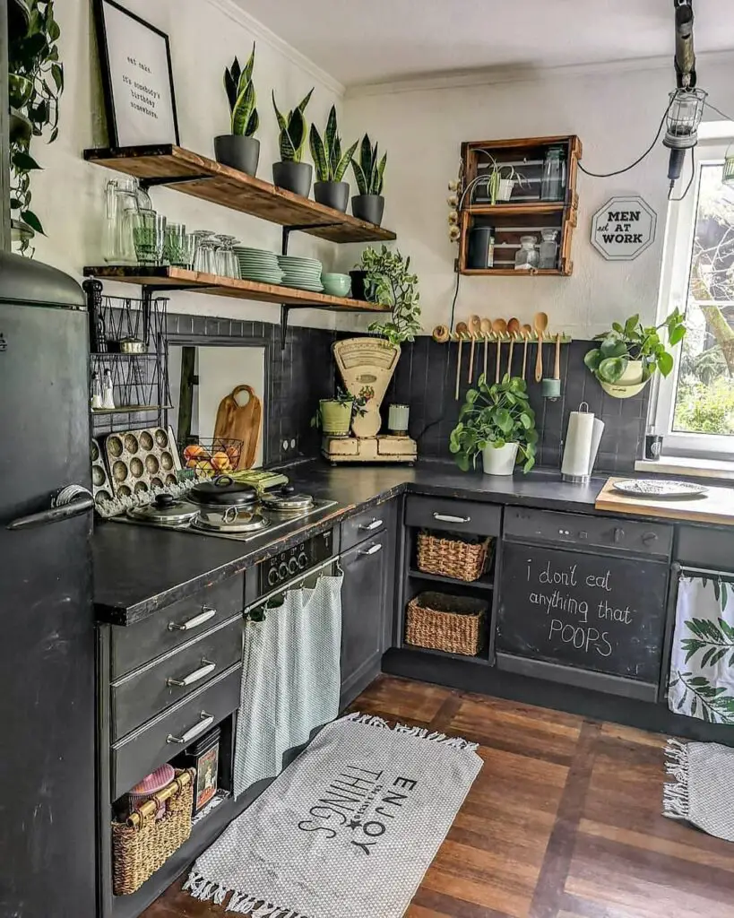 Cozy dark kitchen with plants and wooden shelves