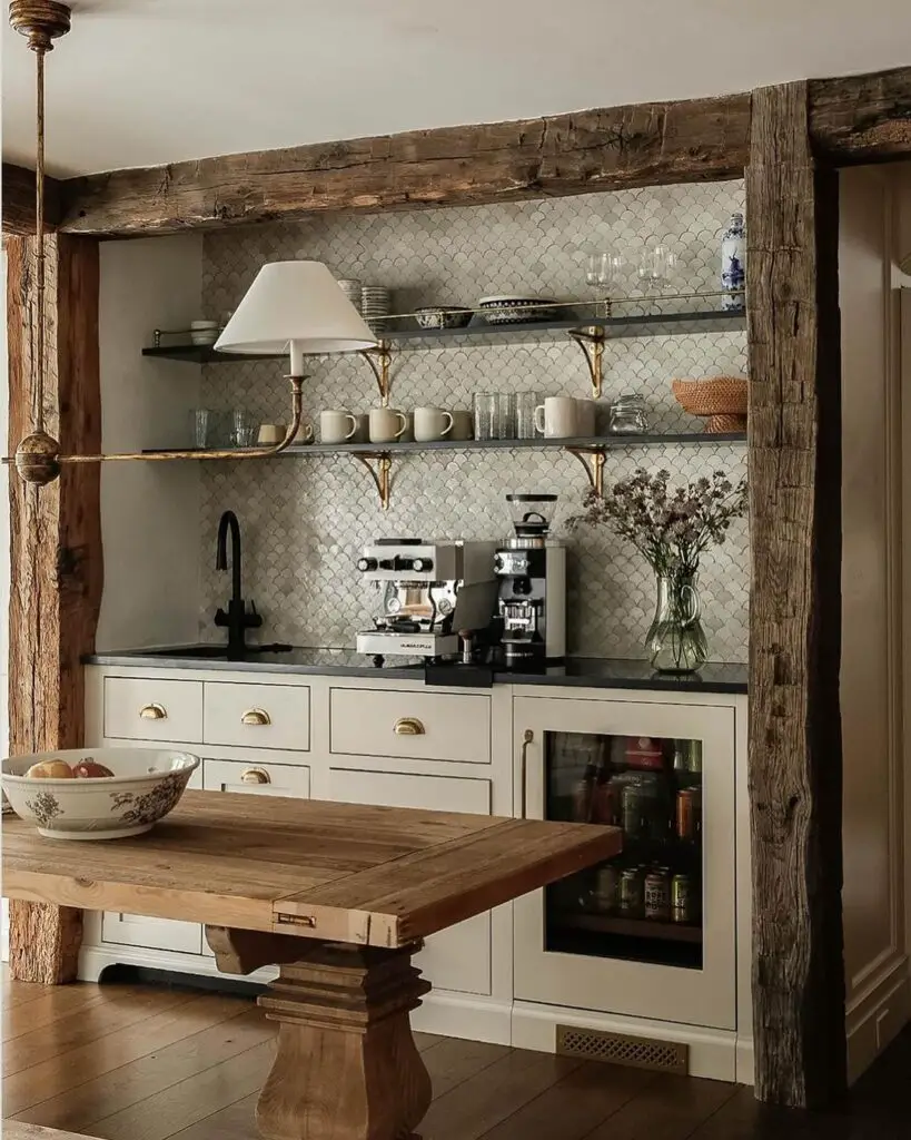 Rustic kitchen coffee bar with wooden beams open shelving and espresso machine