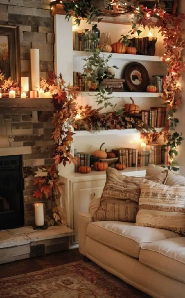 Autumn-themed living room with decorated shelves