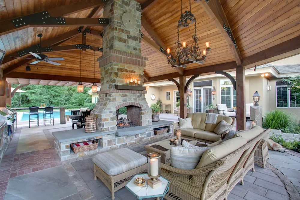 Covered patio with stone fireplace and outdoor kitchen