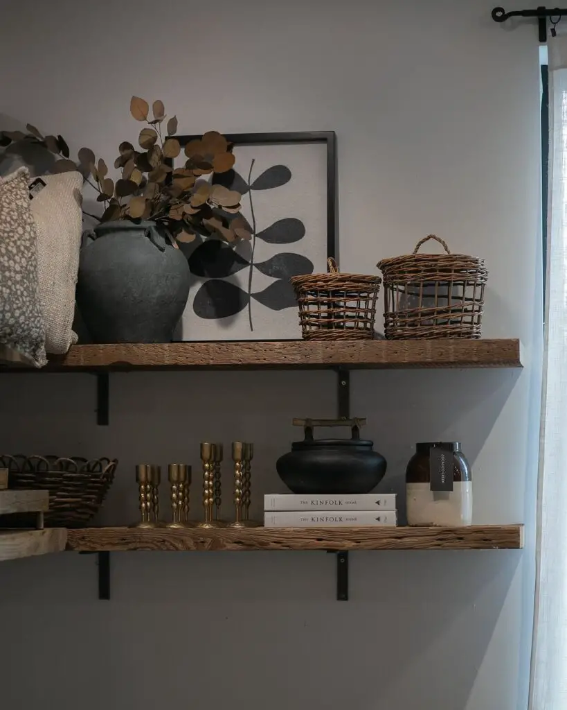 Rustic shelves with natural decor and botanical accents