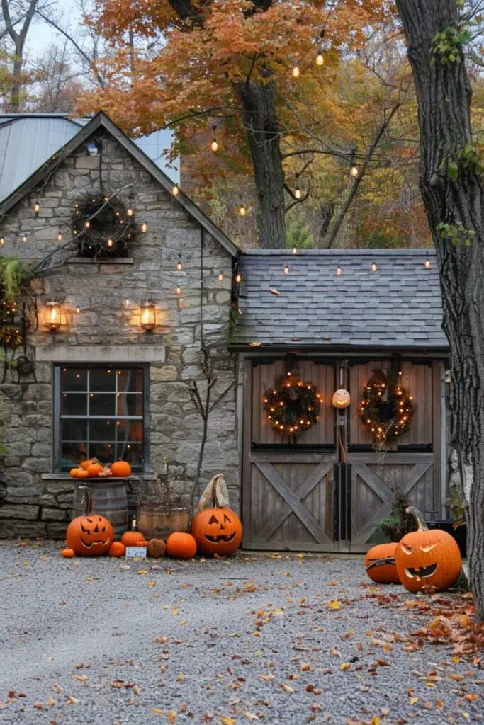 Stone cottage decorated with pumpkins lights and fall wreaths
