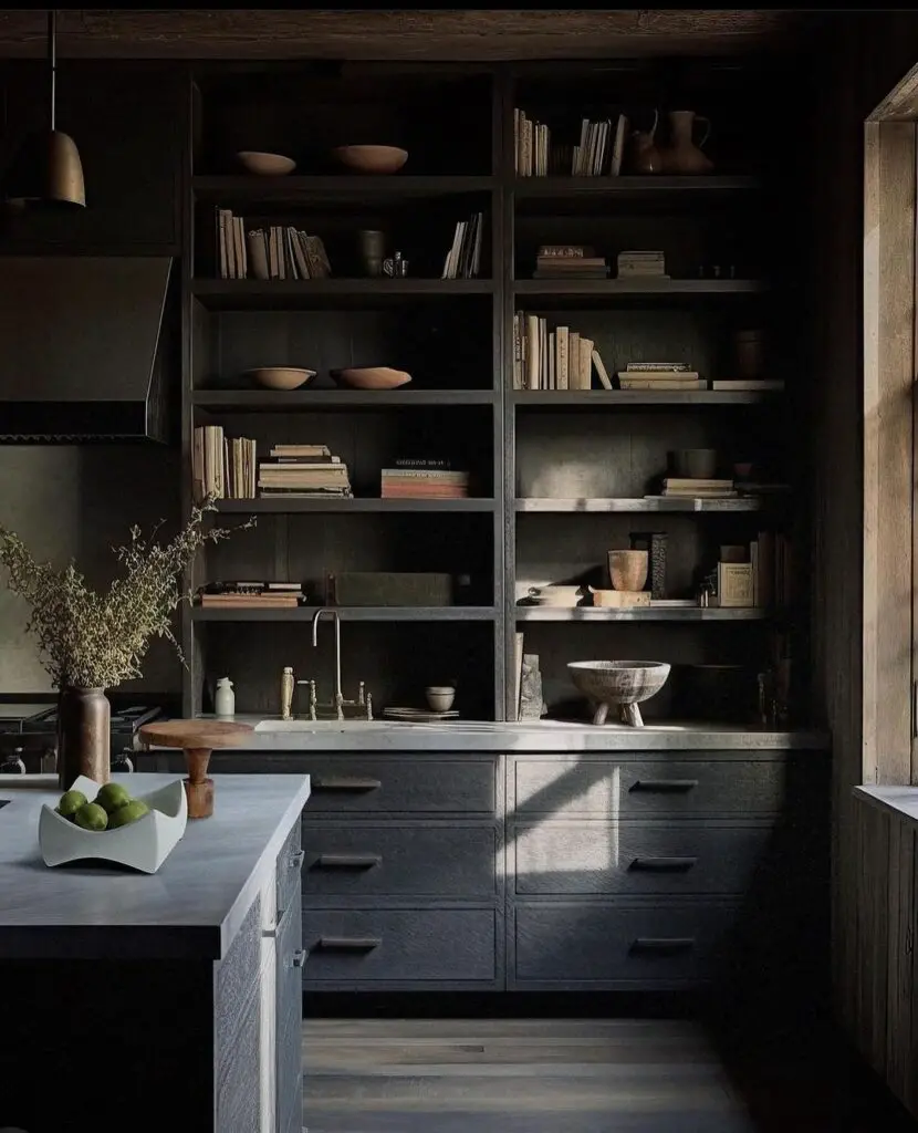 Dark kitchen with built-in bookshelves and marble countertops