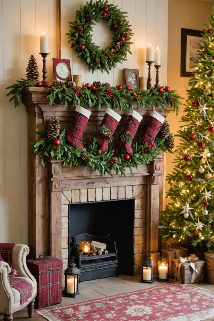 Rustic Christmas fireplace with plaid stockings and evergreen decorations.