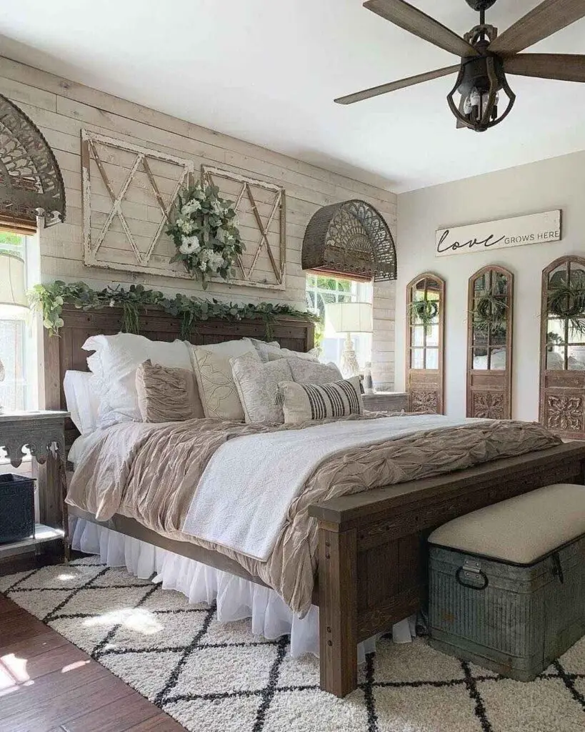 Farmhouse bedroom with wooden bed and rustic decor