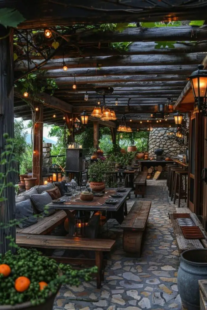 Cozy rustic outdoor dining area with string lights and greenery