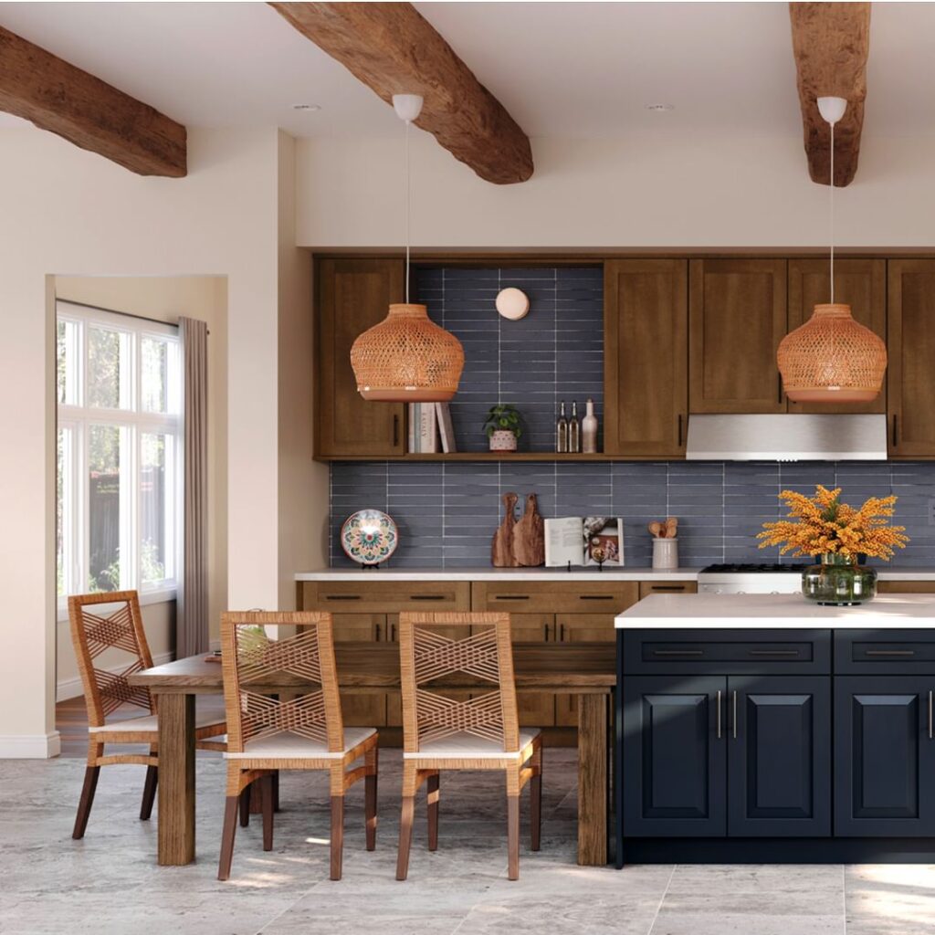 Open kitchen with wood beams, navy tile backsplash, and woven lighting.