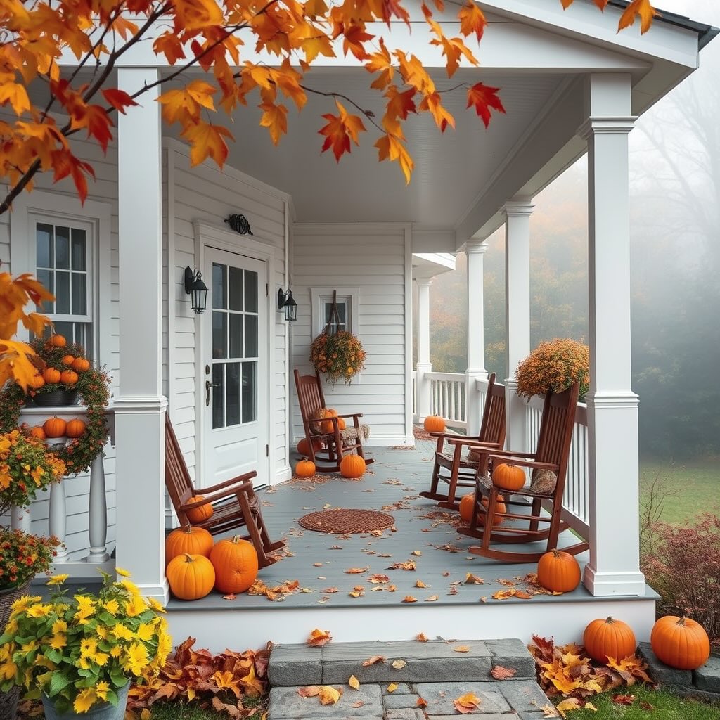 White porch decorated with pumpkins rocking chairs and fall foliage