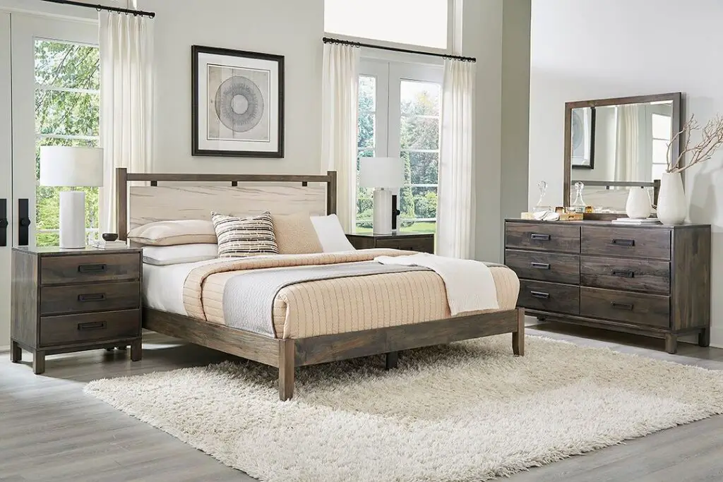 Rustic modern bedroom with wooden furniture and natural light