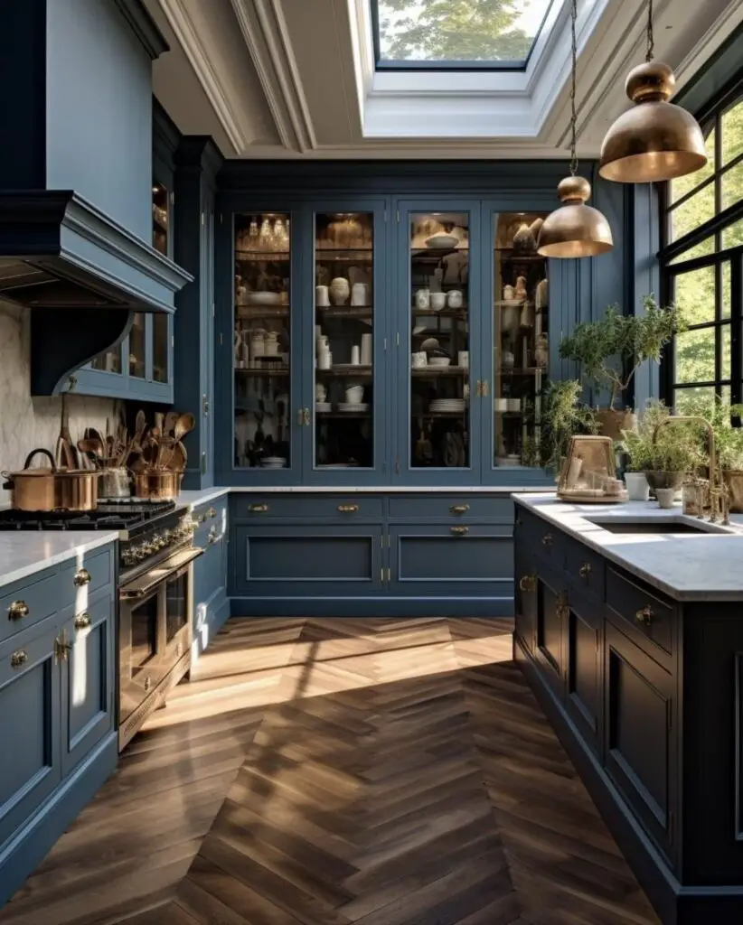 Navy blue kitchen with skylight and glass cabinets