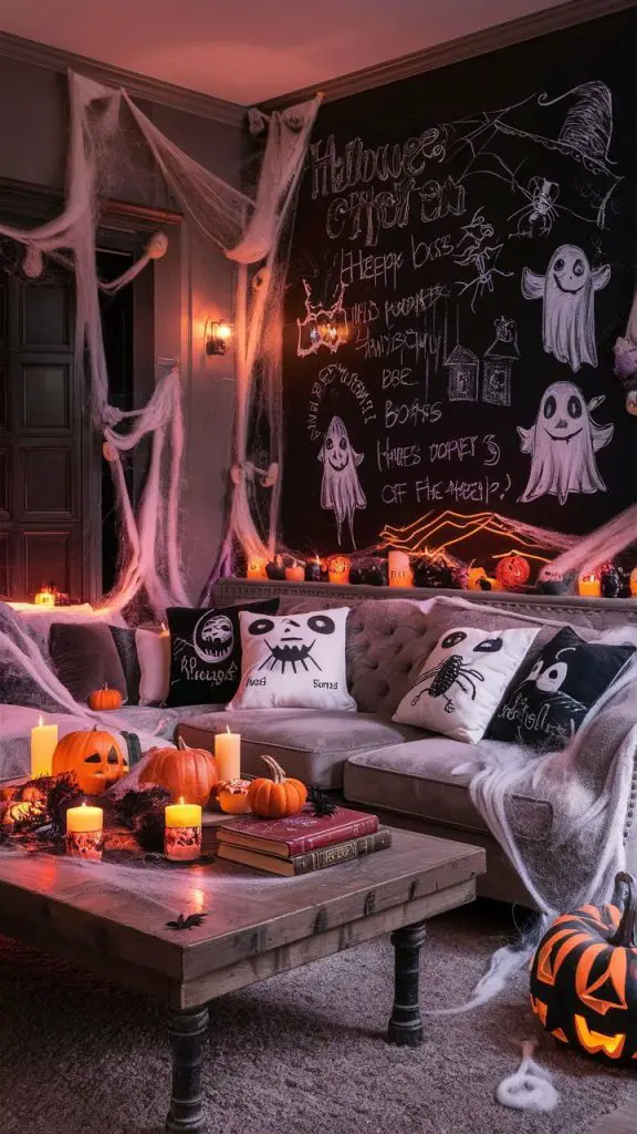 Halloween living room with chalkboard wall and cobwebs