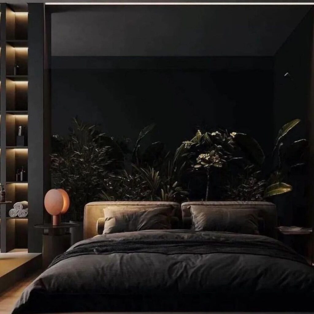 Dark bedroom with plant wall and lit shelves