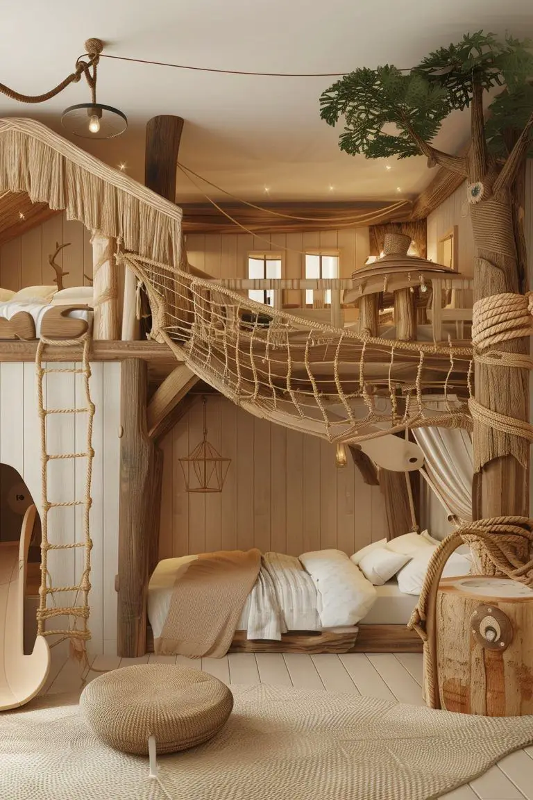 Cozy loft bed dorm room with fairy lights and sunset view