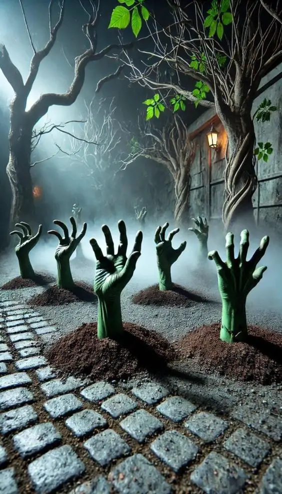 Foggy path with zombie hands emerging from ground near trees