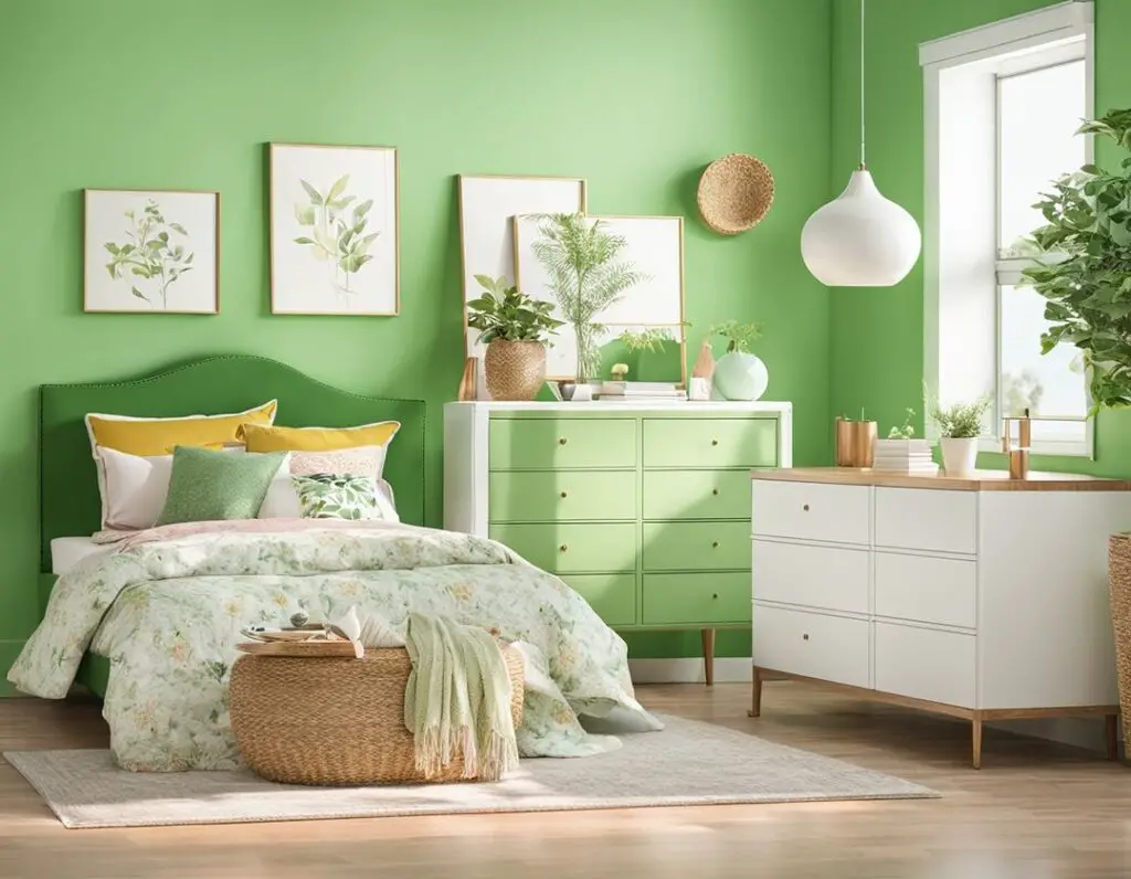 Green bedroom with floral bedding and botanical decor