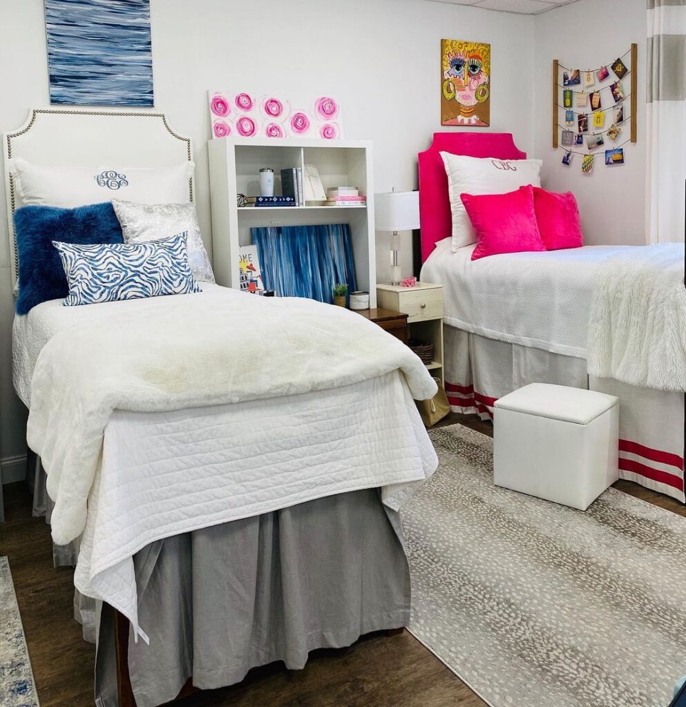 Stylish shared dorm room with personalized decor.