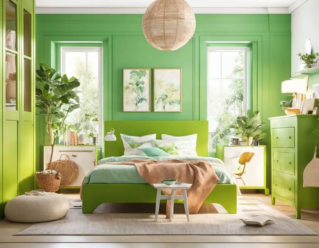 Bright green bedroom with plants and natural decor