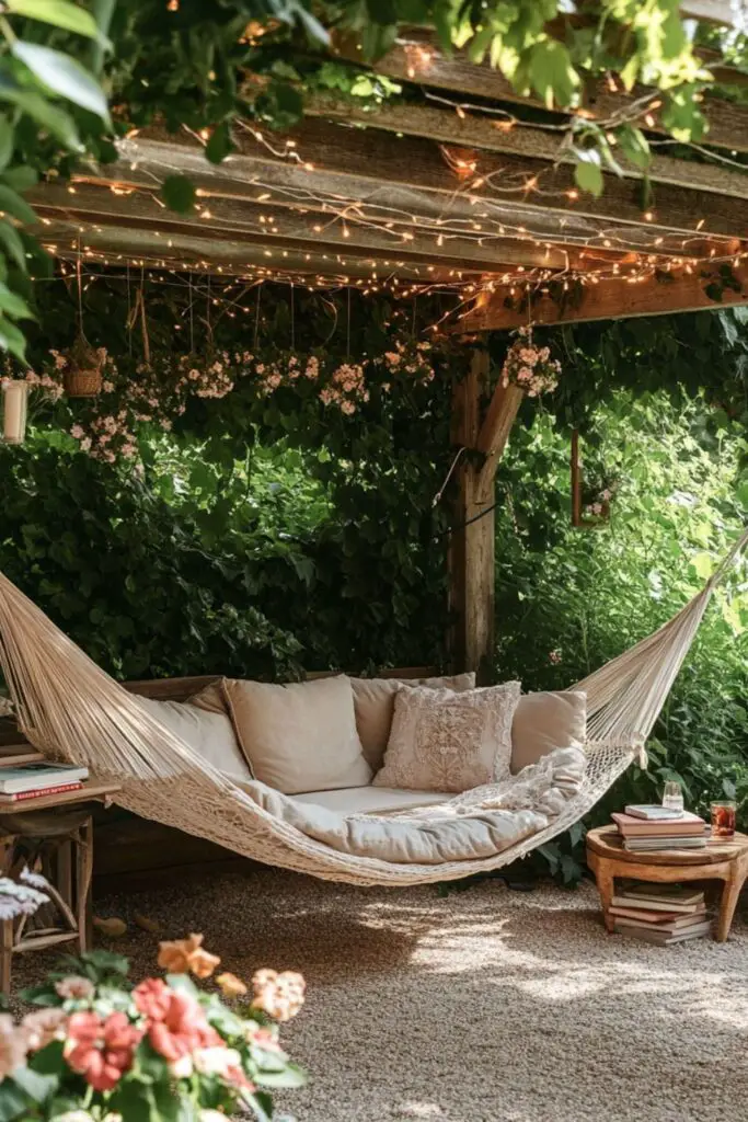 Cozy hammock under wooden pergola with fairy lights and lush greenery
