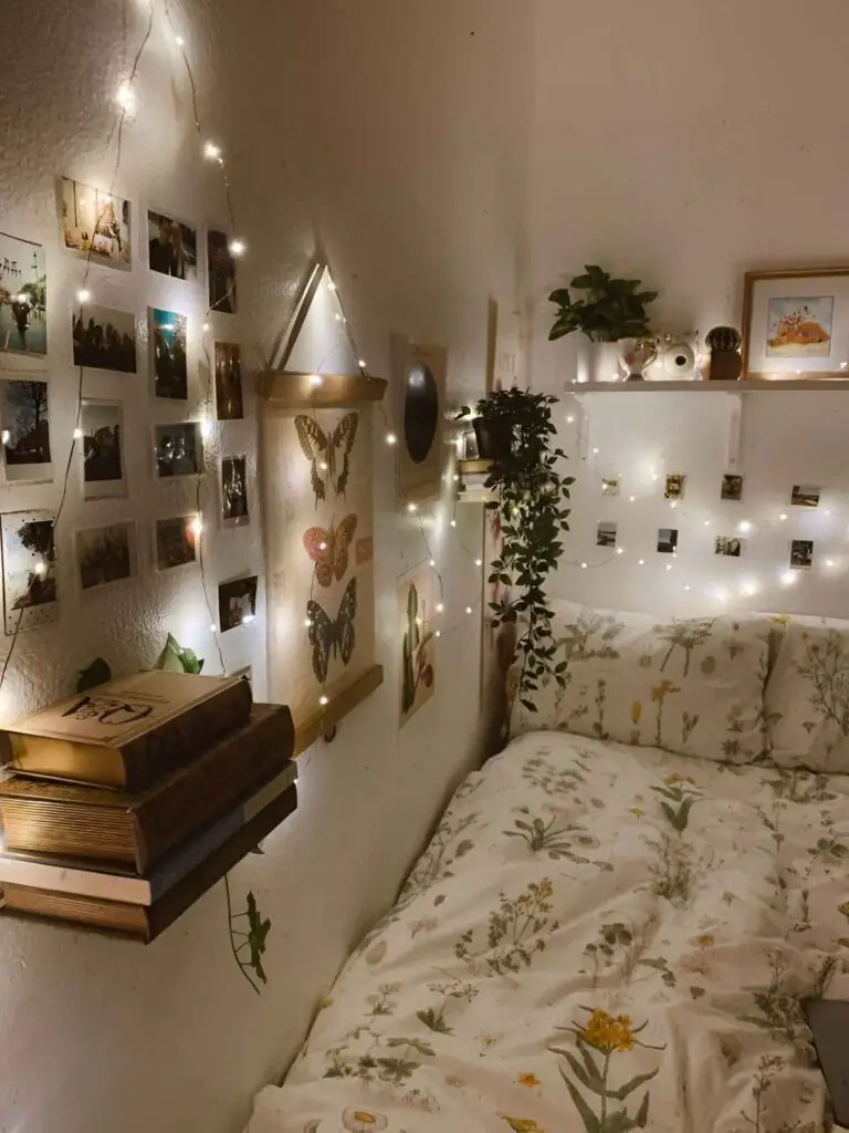 Cozy dorm room with fairy lights photo collage and floral bedding