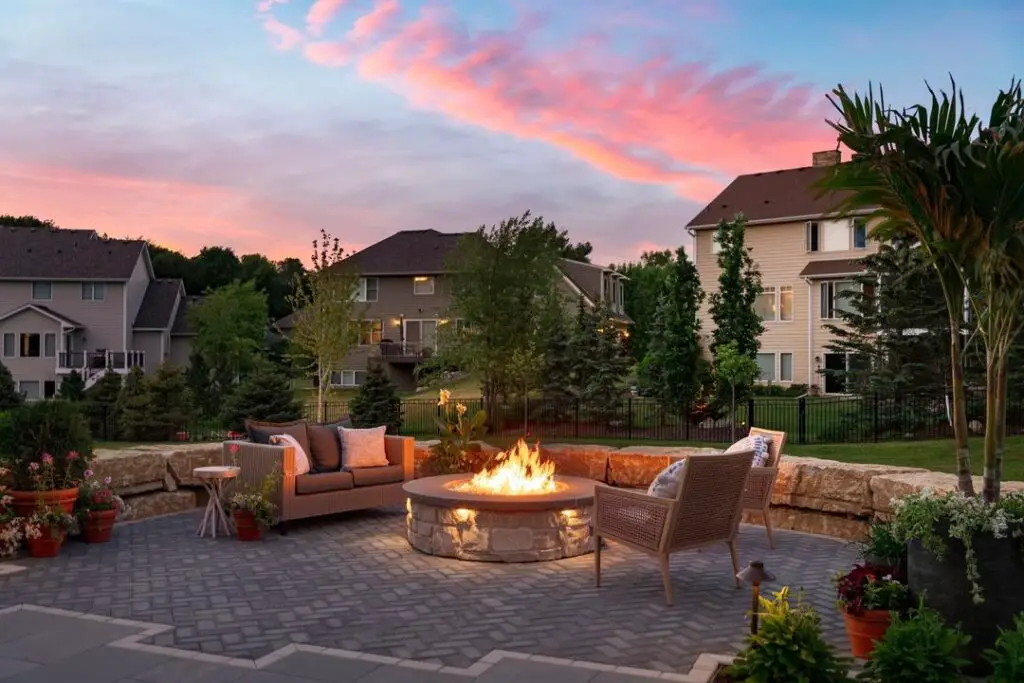 Patio with modern fire pit and comfortable seating