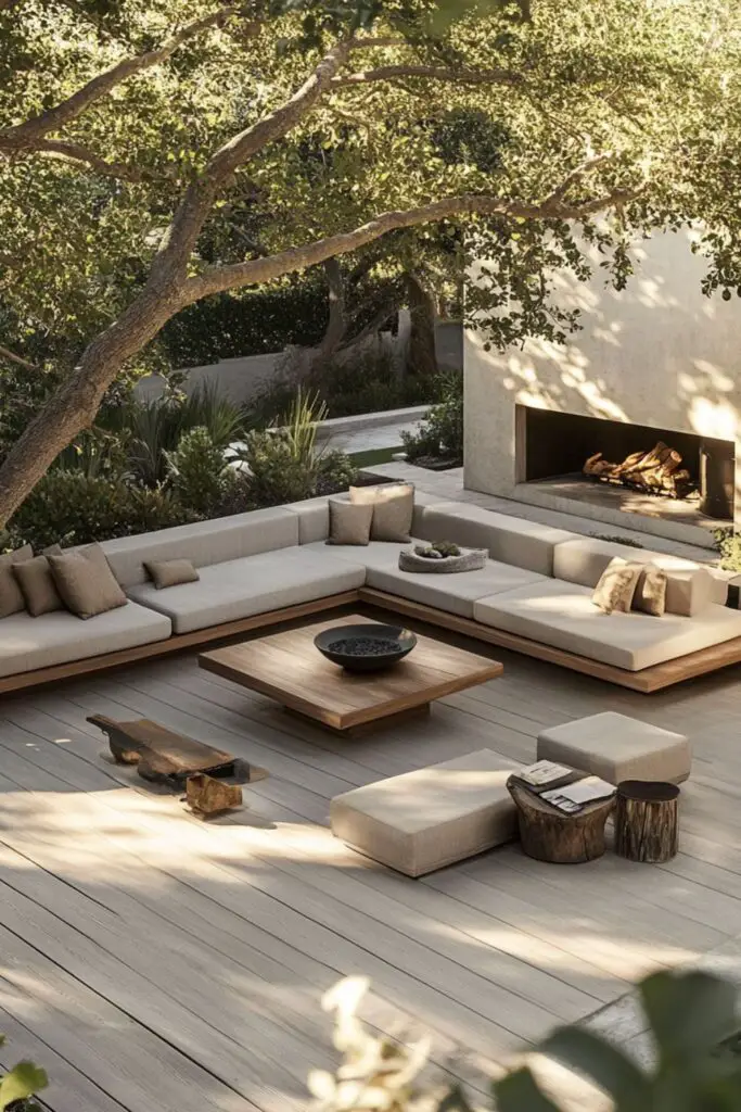 Modern outdoor lounge with L-shaped sofa, fireplace, and overhanging tree