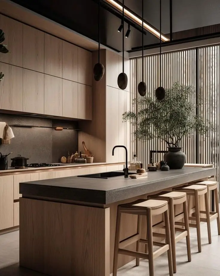 Minimalist kitchen with light wood cabinets and concrete island