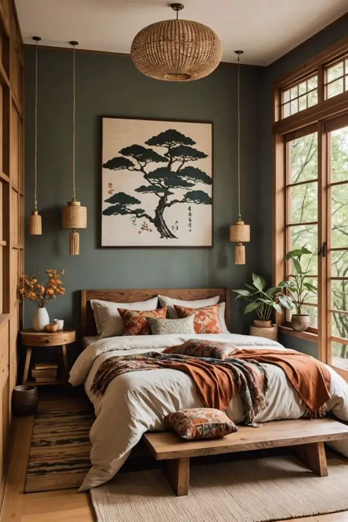 Cozy bedroom with green walls Japanese tree art and natural decor