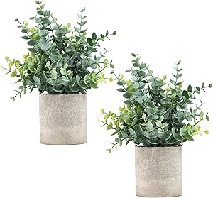 Two small, round gray pots each contain a lush arrangement of artificial eucalyptus plants with green leaves.